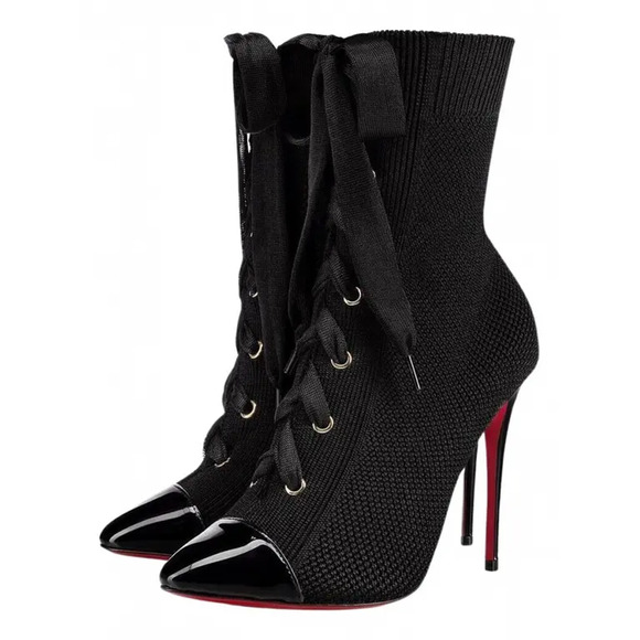 Christian Louboutin Frenchie 100 Black Patent Lace Heel Ankle Boot Bootie 35.5 - Picture 1 of 11